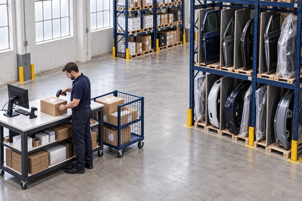 Parts warehouse worker scanning inventory beside automotive body panels on racks