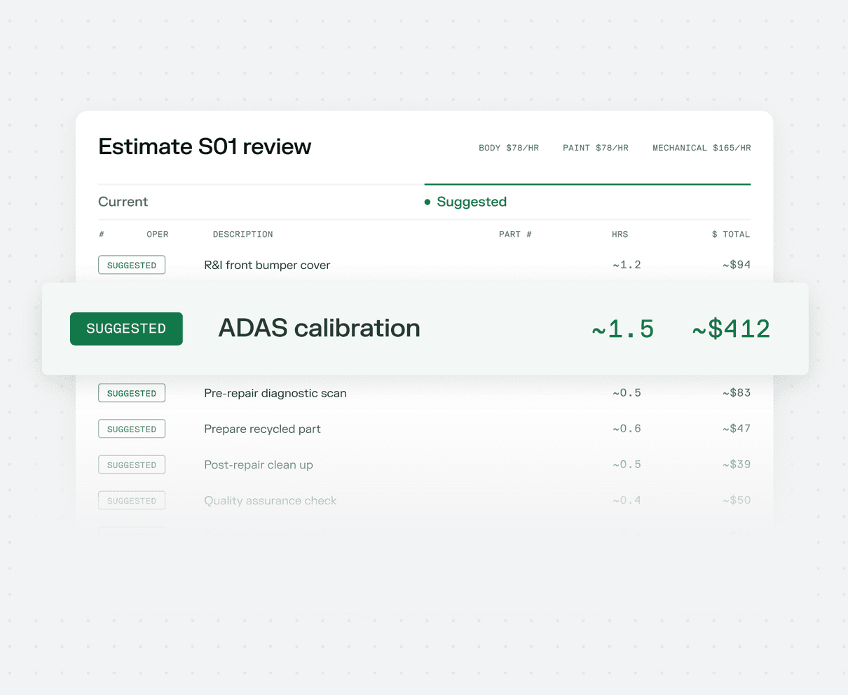 Estimate review table with a suggested ADAS calibration line highlighted