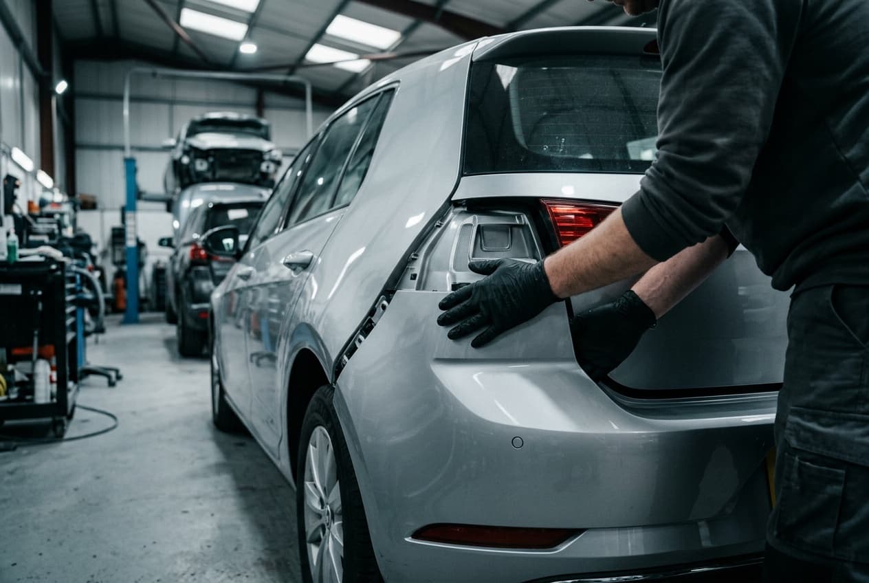 Editorial illustration of a technician fitting a rear bumper to a silver hatchback; AI-generated, not an Impact customer photograph
