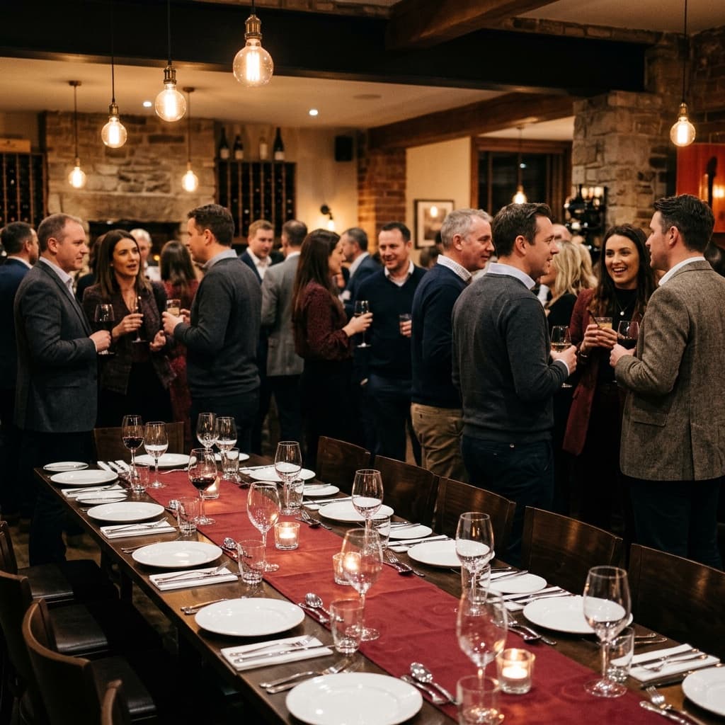 Guests talking over drinks beside a dinner table with a red runner; AI-generated illustration, not a photograph of this event