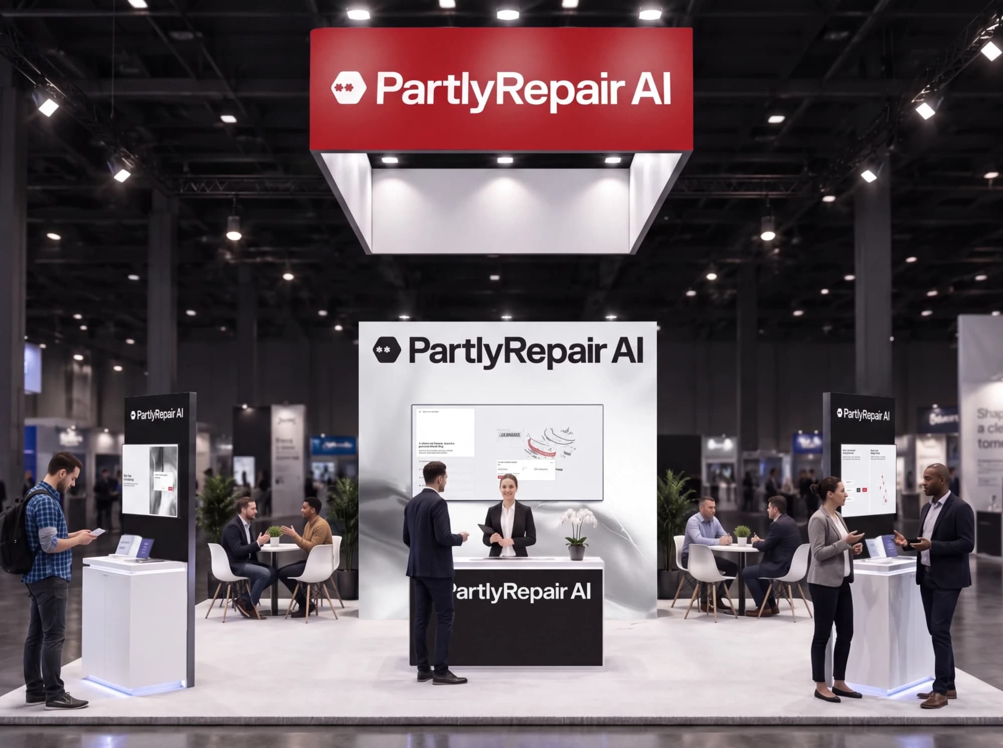 The PartlyRepair AI booth at SEMA, with demo tables and the team greeting visitors