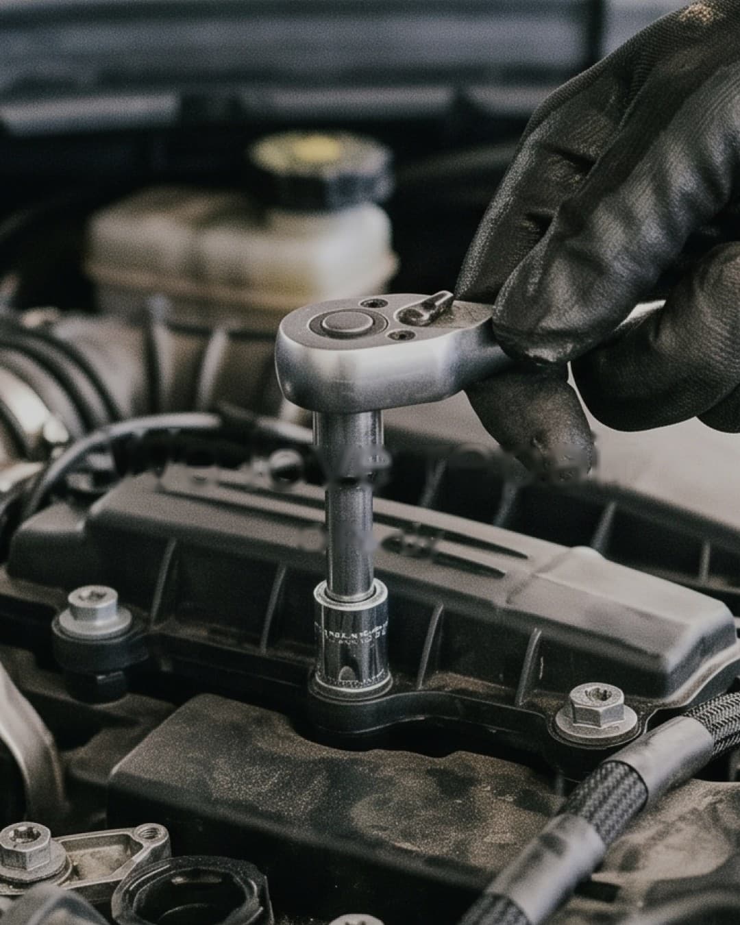 A gloved hand tightening a bolt with a ratchet in an engine bay