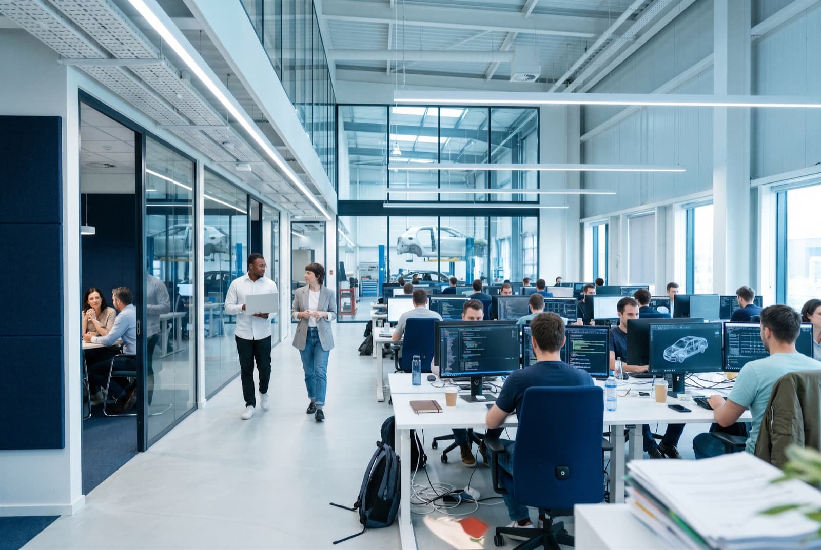 A busy open-plan office, with teams at workstations overlooking a repair floor