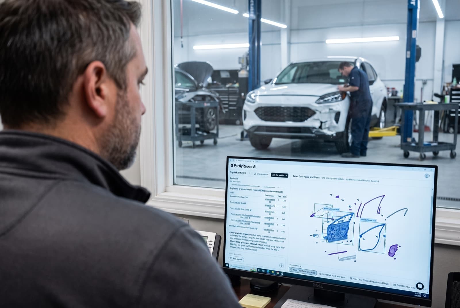 An estimator reviewing parts in PartlyRepair AI, with a damaged SUV in the bay behind