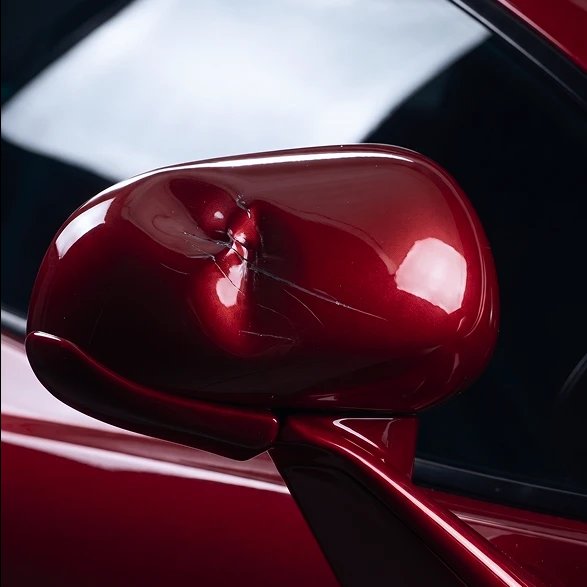 Damaged wing mirror on a red car